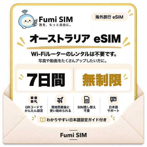 オーストラリア eSIM 7日間 データ無制限 テザリング可 SIM差し替え不要 Wi-Fiレンタル不要 QRコードで設定 オーストラリア旅行 出張 シドニー Fumi SIM
