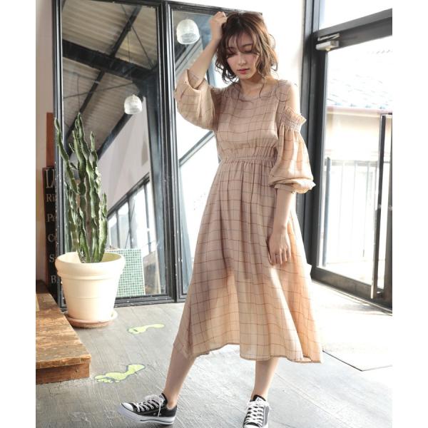 ワンピース オープンショルダーチェックワンピース レディース 肩出し 長袖 ロングワンピース Donoban Select Boisewomenrun Com