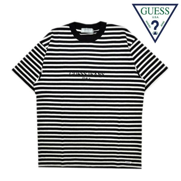 Guess 流行 Tシャツ 半袖 メンズ レディース ブランド ボーダー 黒 Border Green Label ブラック Mh2k16j メール便ok