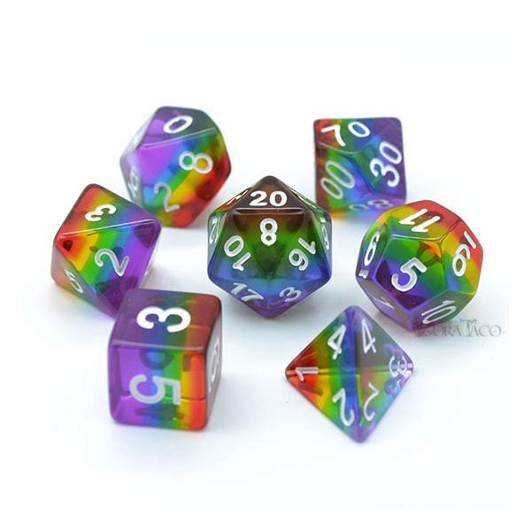 5色だけど虹の名前を持つ多層式のレイヤー多面体ダイスセットです。内容／4面・6面・8面・10面・テンズ10・12面・20面