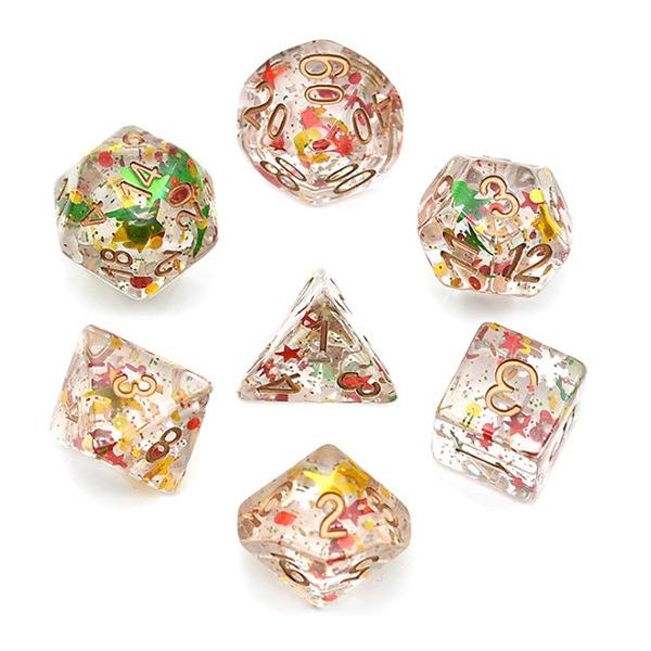 クリスマスをイメージしたラメが入っているサイコロセット。内容／4面・6面・8面・10面・テンズ10・12面・20面◆ご留意事項◆ラメの入り方はランダムです。