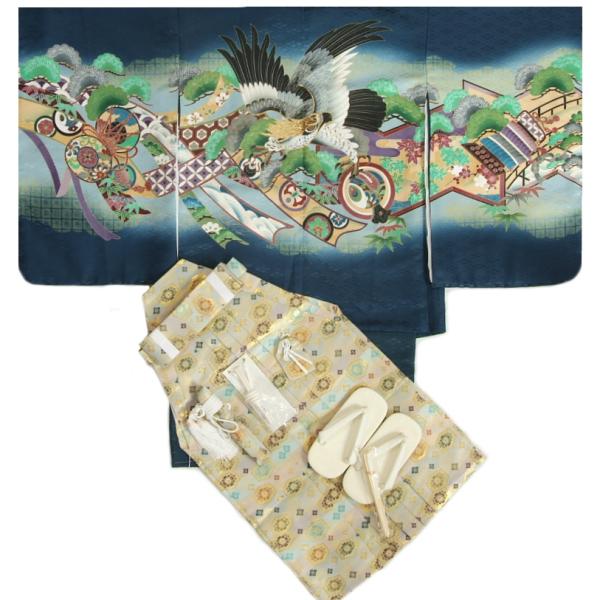 京美 七五三 着物 男の子 5歳 羽織着物袴セット 紺 鷹 刺繍使い 