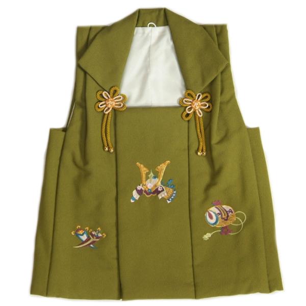 豪華刺繍入り♡七五三　3歳　男の子　抹茶色　緑系　小さめ 京美 七五三 3歳 被布単品 男の子 着物 濃抹茶色 兜刺繍 金駒