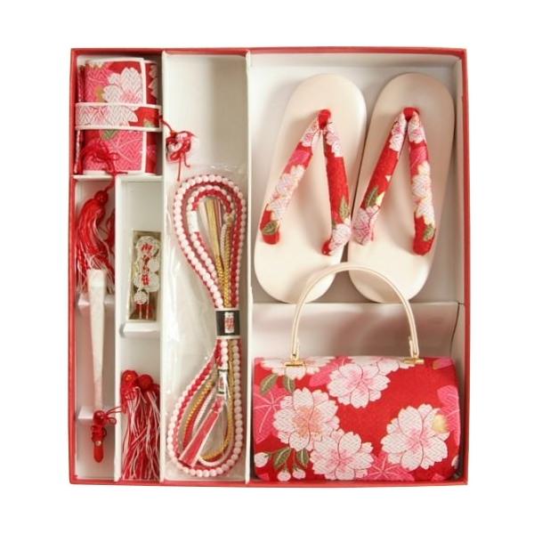 美品★七歳★帯バッグ草履はこせこ小物セット★桜柄 京美 七五三 小物 着物用草履バッグ箱セコセット 筥迫セット 7歳用