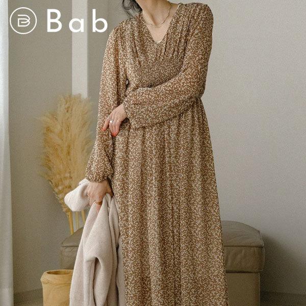 バブ Bab 21秋冬 フロントシャーリングワンピース レディース ワンピース ロング丈 長袖 フレア 花柄 小花柄 シャーリング ボリューム袖 体型カバー Select Shop Double Heart 通販 Yahoo ショッピング