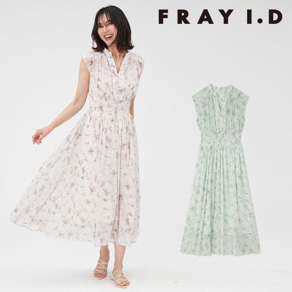 SALE フレイアイディー FRAY I.D ラインアートシフォンクレープワンピース ドレス ノースリーブ ロング丈 fwfo234200