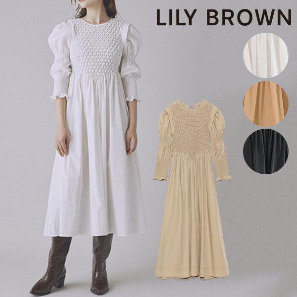 リリーブラウン Lily Brown 21秋コレクション スモッキングワンピース レディース ワンピース ロング丈 パフスリーブ 長袖 スモッキング リボン Lwfo Select Shop Double Heart 通販 Yahoo ショッピング