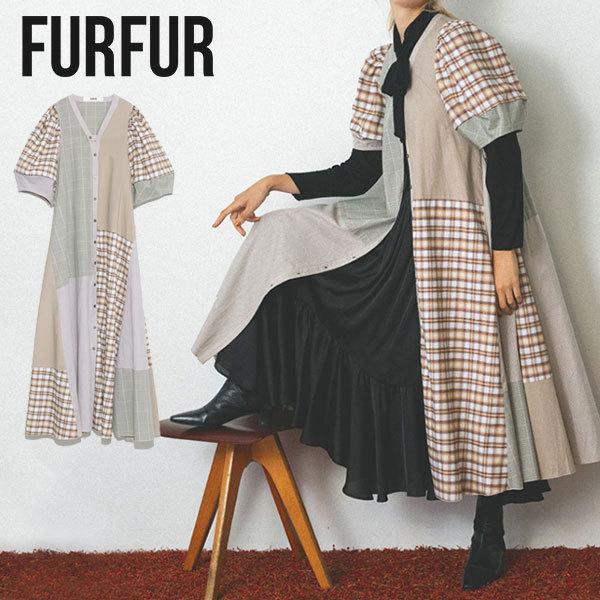 ファーファー Furfur 21秋コレクション パッチワークシャツワンピース レディース ワンピース ロング丈 フレア 半袖 パフスリーブ チェック 総柄 Rwfo Select Shop Double Heart 通販 Yahoo ショッピング