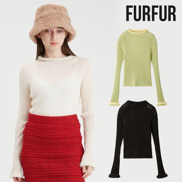 スムースファーリブニットトップス IVO アイボリー ファートリムオフショルニットトップス(F IVORY): TOPS