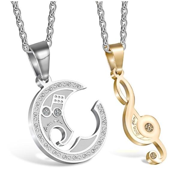 ご覧いただきましてありがとうございます(^^)こちらは音符モチーフのペアネックレスです。I Love You の刻印やサークルラウンドの細かな飾り刻印、キラキラ光るストーンが音符に施されており、とてもおしゃれです(^^♪音楽好きなカップルや...