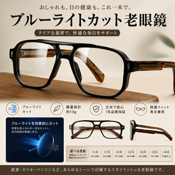 老眼鏡 ブルーライトカット リーディンググラス おしゃれ 軽量 13g メンズ レディース 男女兼用 スマホ パソコン ダブルブリッジ クラシック クリアレンズ PCメ