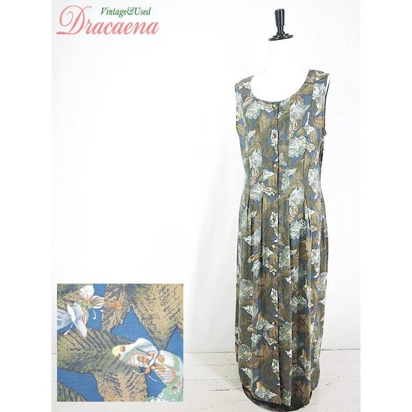 ワンピース古着 ボタニカル柄 ちょう 蝶 Iライン カーキ ブルー レーヨン ノースリーブ ワンピ マキシ丈 S 17lap30n 古着屋ドラセナyahoo ショップ 通販 Yahoo ショッピング