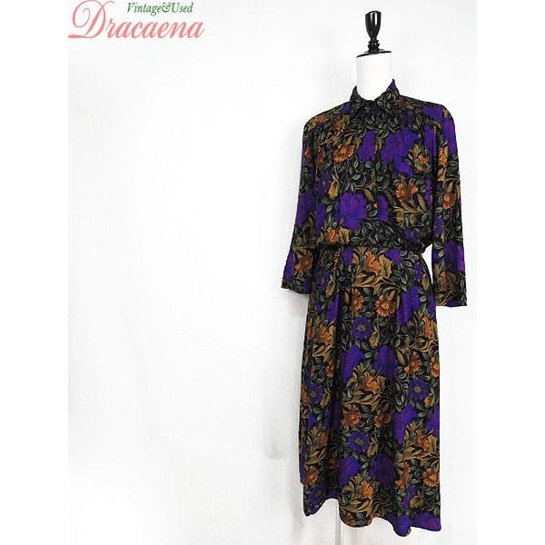 ワンピース古着 Usa製 レトロ クラシカル カラフル 花柄 総柄 黒ベース レーヨン 長袖 ハーフボタン シャツ ワンピース ロング丈 17lde18h 古着屋ドラセナyahoo ショップ 通販 Yahoo ショッピング