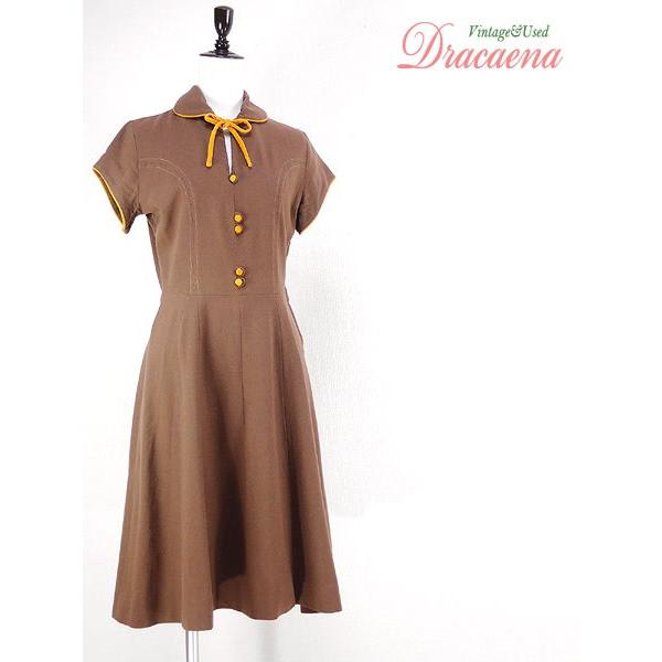 レディースヴィンテージ古着 60年代頃 リボン付き 丸襟デザイン フレンチスリーブ クラシックワンピ 茶 黄 ひざ下丈 17lfe08f 古着屋ドラセナyahoo ショップ 通販 Yahoo ショッピング