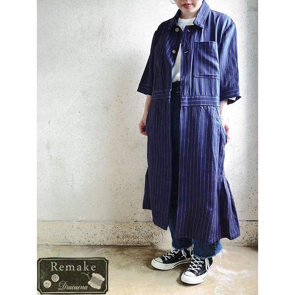 リメイク古着 レディース ストライプ柄 ネイビー ポリ コットン 前開き 半袖 ジャケット 羽織り ロング丈 リメイク 17lrse09i 古着屋ドラセナyahoo ショップ 通販 Yahoo ショッピング