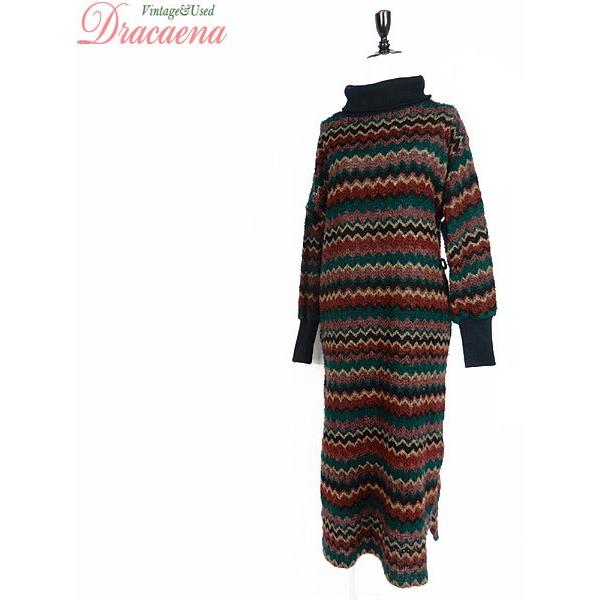 レディース 古着 ワンピース ニットワンピース 総柄 緑 ブラウン ハイネック タートル ゆったりめ L位 古着 18lde07r 古着屋ドラセナyahoo ショップ 通販 Yahoo ショッピング