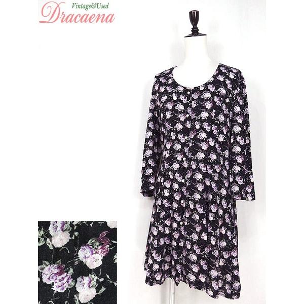 レディースワンピール古着 レトロ ローズ 花柄 総柄 黒 パープル ボタン レーヨン ワンピース ７分袖 ミニ丈 18lfe06j 古着屋ドラセナyahoo ショップ 通販 Yahoo ショッピング