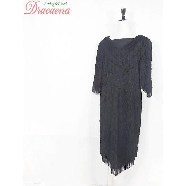 レディースワンピース古着 Usa製 レトロ モダン エレガント 黒 ポリエステル フリンジ 肩パッド 五分袖 ワンピース ミディアム 18ljn30a 古着屋ドラセナyahoo ショップ 通販 Yahoo ショッピング