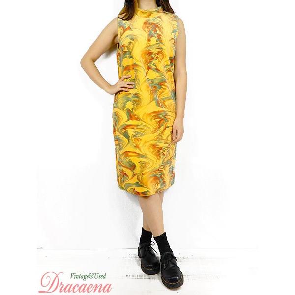 レディースワンピース古着 60 70s オールド レトロ アート風 マーブリング マスタード ノースリーブ ワンピース ミディ丈 M位 18loc28g 古着屋ドラセナyahoo ショップ 通販 Yahoo ショッピング