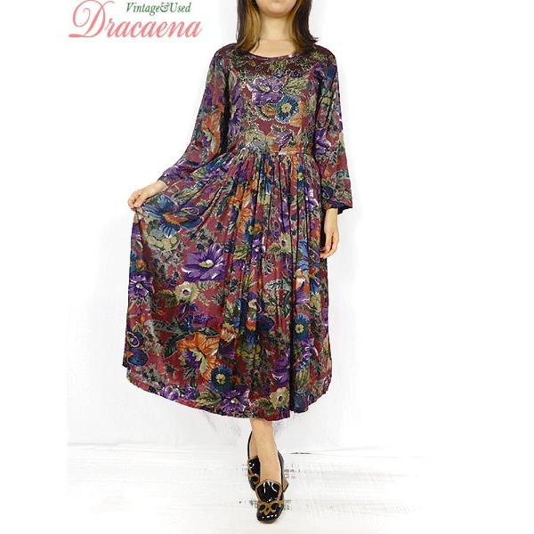 レディースワンピース古着 花 レトロ クラシカル ラメ糸 ボルドー レーヨン 長袖 フレア ワンピ ロング丈 M 18lse28k 古着屋ドラセナyahoo ショップ 通販 Yahoo ショッピング