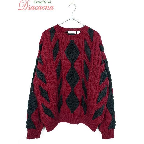 レディース メンズ 古着 ニット 赤 グレー 総柄 ケーブル ハンドニット 丸襟 ウール 長袖 セーター L 古着 19lja12g 古着屋ドラセナyahoo ショップ 通販 Yahoo ショッピング