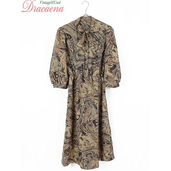 古着 レディース ワンピース 80s デザイン アート 首元リボン ミドル丈 パフスリーブ 七分袖 ドレス 古着 19ljl31n 古着屋ドラセナyahoo ショップ 通販 Yahoo ショッピング