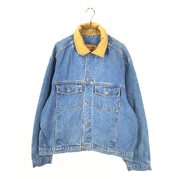 古着 90s Timberland 本革 レザー襟 ワイド デニム ジャケット Gジャン