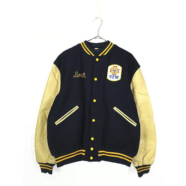 古着 70s V.F.W. 豪華 3段 チェーンステッチ フェイクレザー × ウール