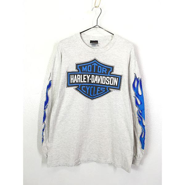 古着 90s USA製 HARLEY DAVIDSON ハーレー ブルー ファイヤー 長袖 T