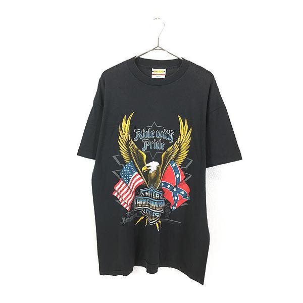 古着 80s USA製 HARLEY DAVIDSON イーグル フラッグ プリント Tシャツ