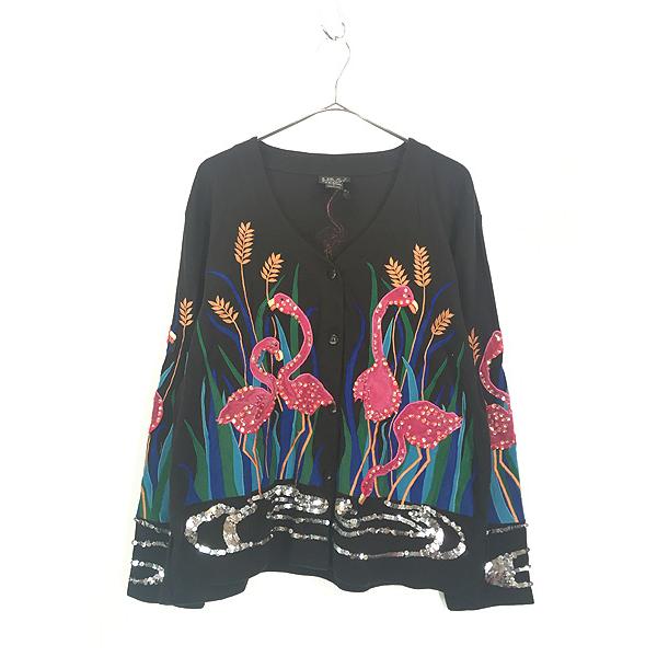 レディース 古着 フラミンゴ スパンコール 刺しゅう コットン  