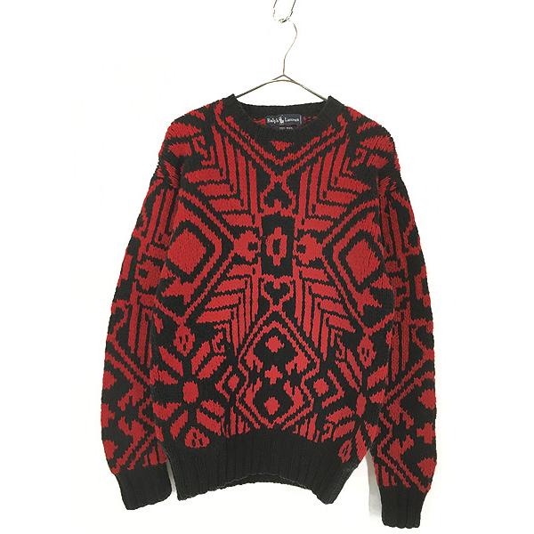 古着 90s Ralph Lauren 赤 × 黒 ネイティブ柄 肉厚 ウール ハンド ニット セーター L位 古着