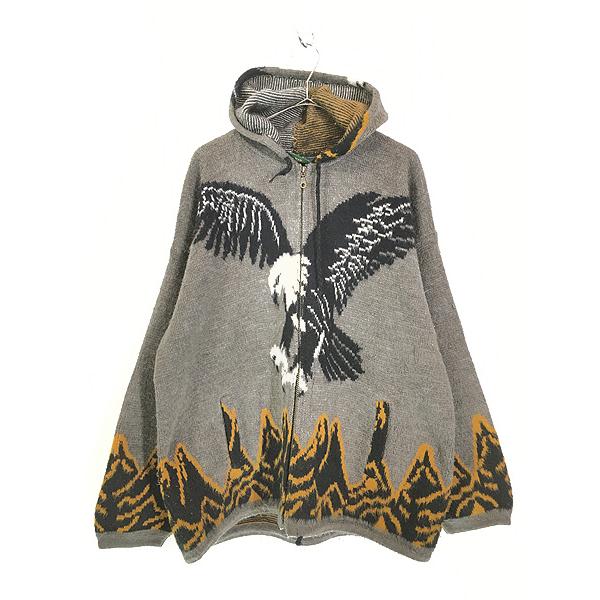 古着 エクアドル製 イーグル 総柄 シャギー ウール ニット パーカー