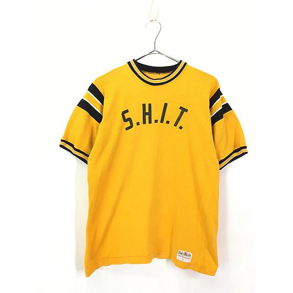 古着 60-70s Fab Knit 「S.H.I.T.」 リブライン 光沢 レーヨン アスレチック Tシャツ L