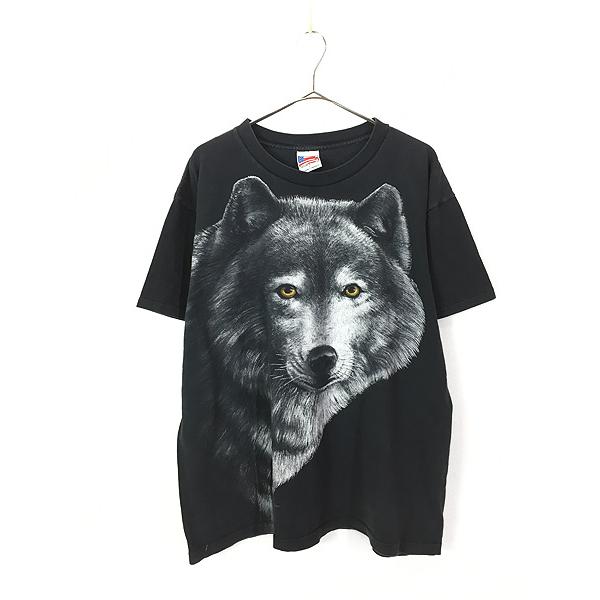 古着 90s USA製 オオカミ ウルフ アニマル BIG プリント Tシャツ L 