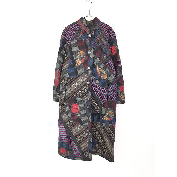 チャコック　ロングコート　エスニック風　幾何学模様　毛　マルチ　フランス製 M チャコック ロングコート エスニック風 幾何学模様 毛 マルチ フランス