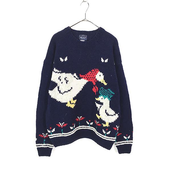 レディース 古着 80s WoolRich アヒル 親子 お散歩 ローゲージ
