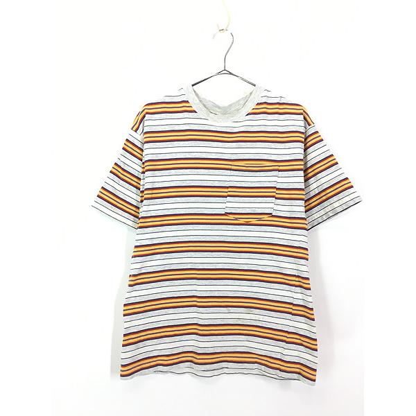 古着 90s TODAYS NEWS 100%コットン マルチ ボーダー ポケット Tシャツ