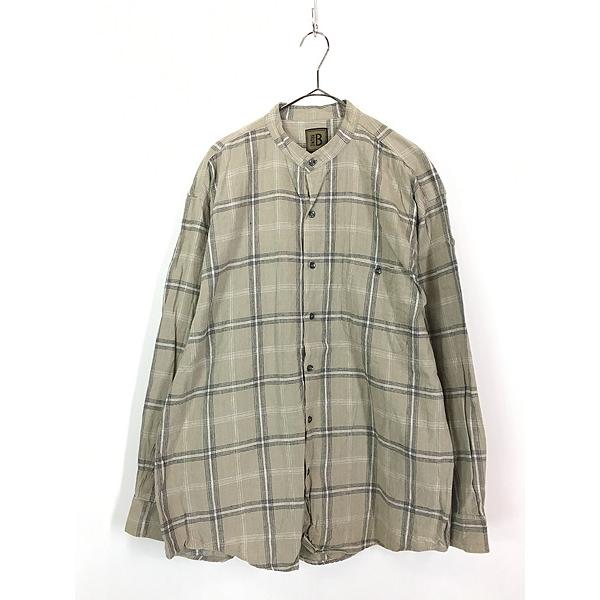 古着 90s BRUNO チェック リネン コットン バンドカラー シャツ L 