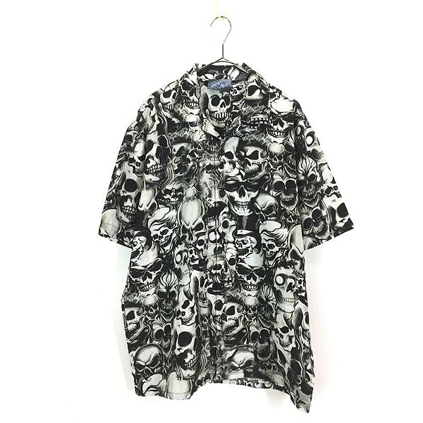 古着 スカル ボーン モノクロ 総柄 半袖 開襟 ボックス チカーノ