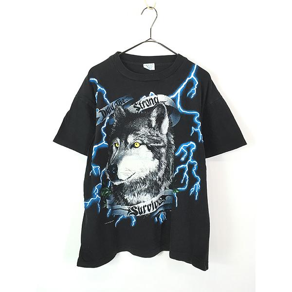 古着 90s AMERICAN THUNDER 豪華 ウルフ ブルー サンダー Tシャツ L