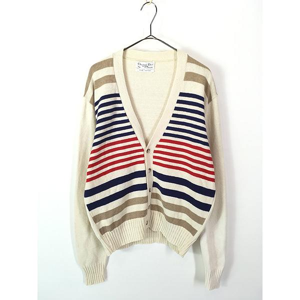 古着 90s USA製 Christian Dior マルチ ボーダー パターン コットン ニット カーディガン L 古着 90s USA製 Christian Dior マルチ ボーダー パターン コットン