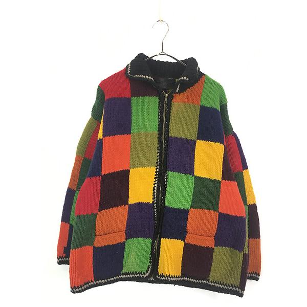 tela 手編み カラフルニット カーディガン 古着 フラミンゴ tela 手編み カラフルニット カーディガン 古着 フラミンゴ