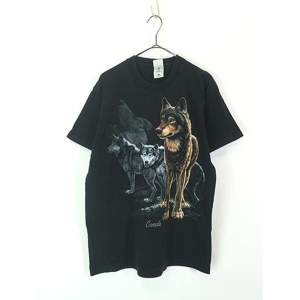 古着 90s Canada製 オオカミ ウルフ アニマル Tシャツ L : 古着屋