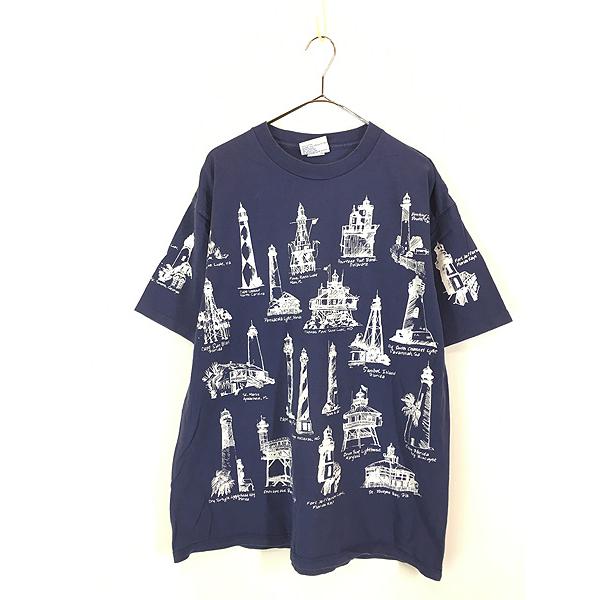 古着 90s USA製 Michigan Rag 灯台 建物 マルチ アート Tシャツ XL 