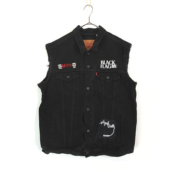 Levi's premium ブラックデニム ノースリーブジャケット 古着 00s Levi's 豪華 バンド パッチ ブラック デニム カット