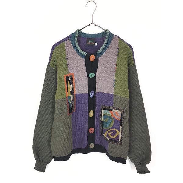 レア デッドストック 90s usa 古着 コットン ニット カーディガン レディース 古着 90s USA製 SUSAN OTTERSON ユニーク グラフィック