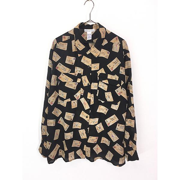 レディース 古着 Anna and Frank 手紙 レター 総柄 開襟 シルク シャツ