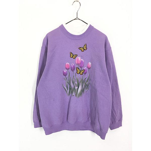 レディース 古着 90s top stitch 花 チューリップ 蝶々 プリント