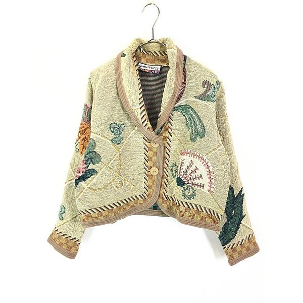 レディース 古着 90s it's outta the Bag Unge-Potch-Ket ボタニカル 扇 総柄 デザイン ショールカラー ゴブラン ジャケット XL位 古着 レディース 古着 90s it's outta the Bag Unge-Potch-Ket ボタニカル